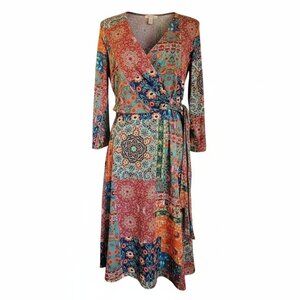 Sunny Leigh Women’s S Boho Patchwork Floral Wrap Dress Tie Waist Knee Length NEW